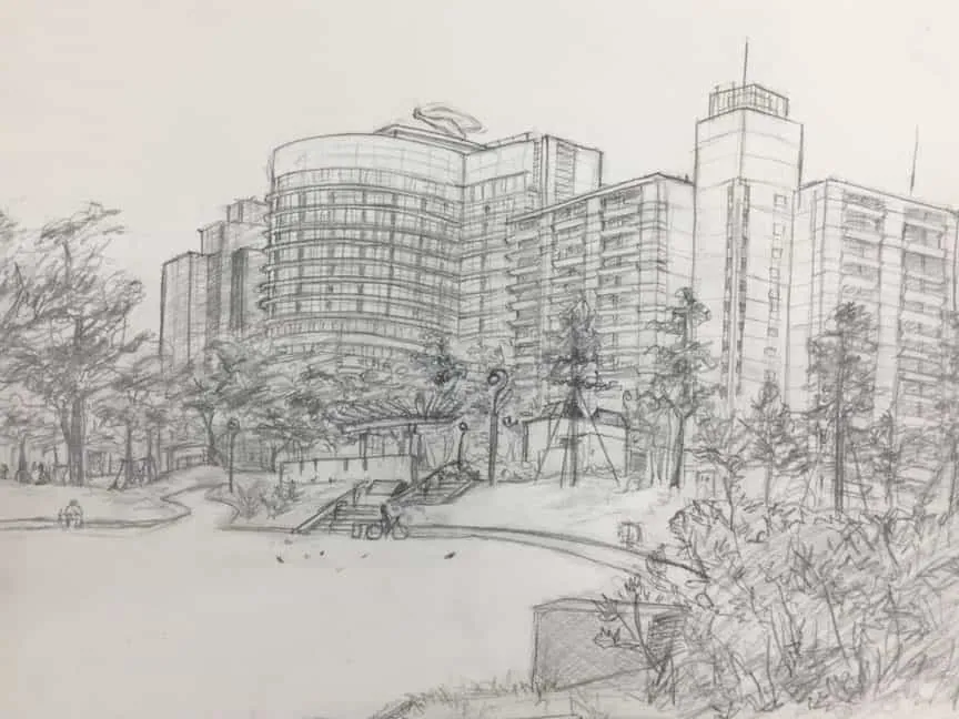 建物と街並みを鉛筆で描いたデッサン作品