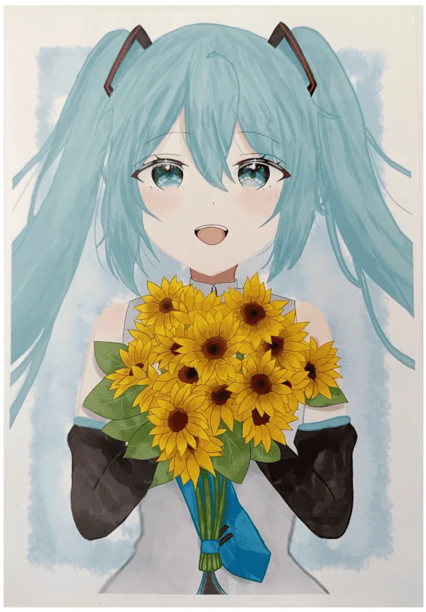 青い髪の人物とひまわりを描いた生徒作品